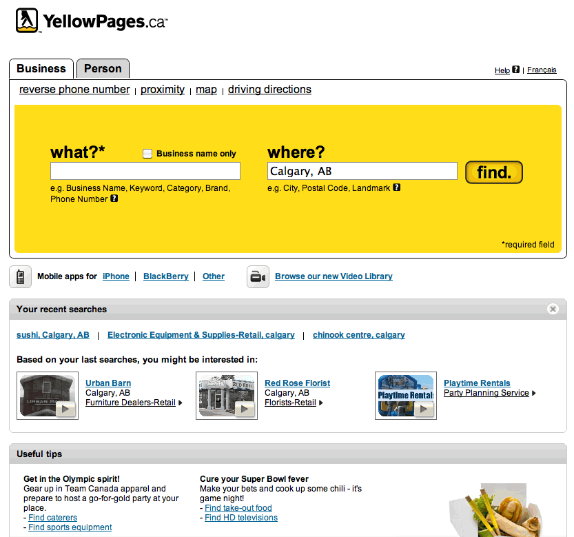 New YellowPages.ca Home Page with Local Video Channel