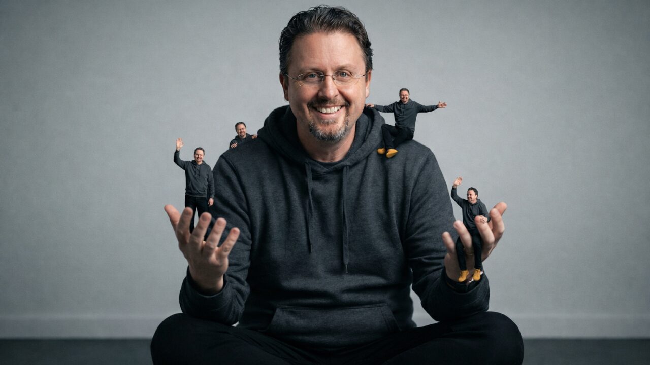 Darby Sieben with miniature versions of himself seated in his hands — a visual metaphor for scaling thinking with AI