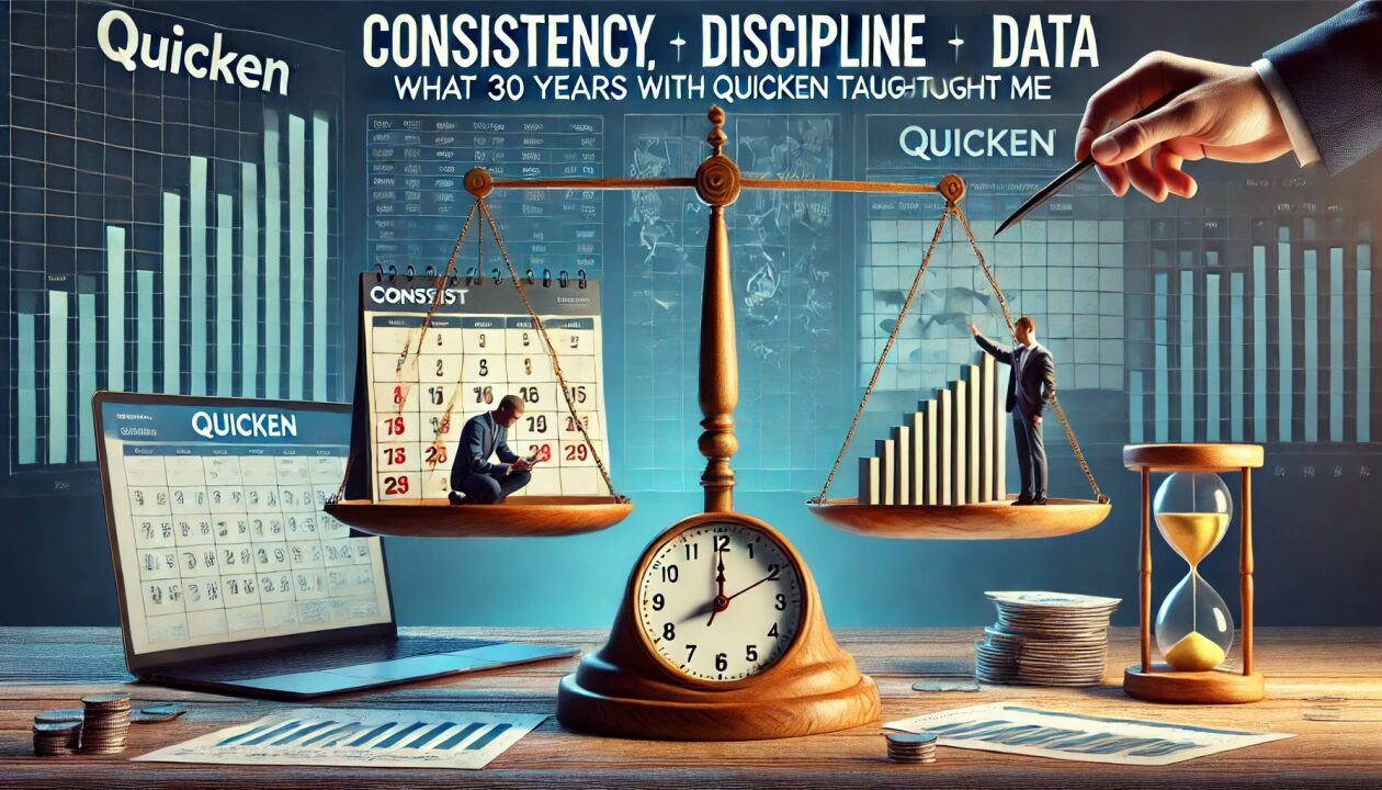 Illustration with Quicken branding, a balance scale, hourglass and calendar — a visual metaphor for consistency, discipline and time