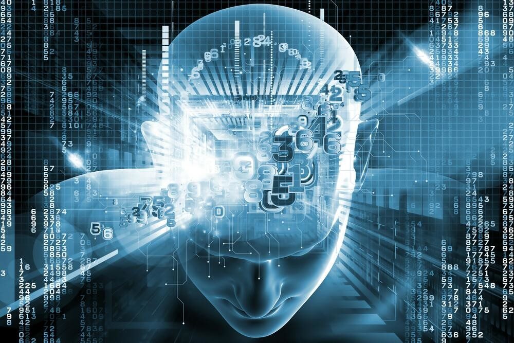 A stylized digital head silhouette filled with floating numbers and circuit-board lighting — an AI-as-mind motif