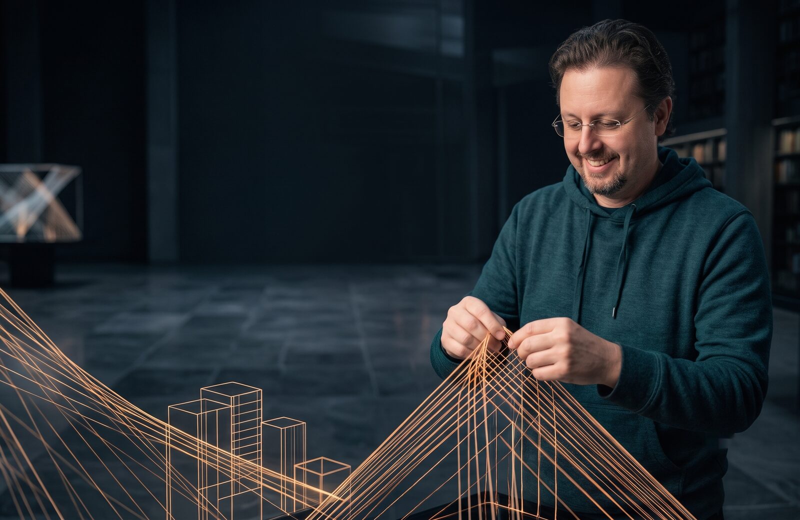 Darby Sieben weaving copper threads into wireframe structures — visual metaphor for building organizational intelligence