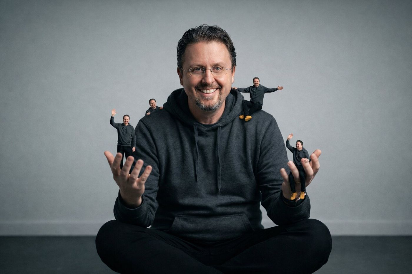 Darby Sieben seated cross-legged with a team of miniature versions of himself