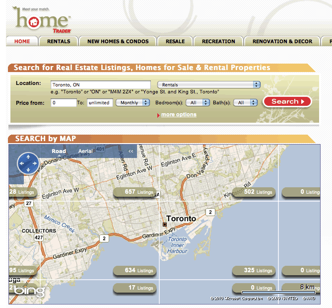 homeTrader.ca Home Page With Toronto Map