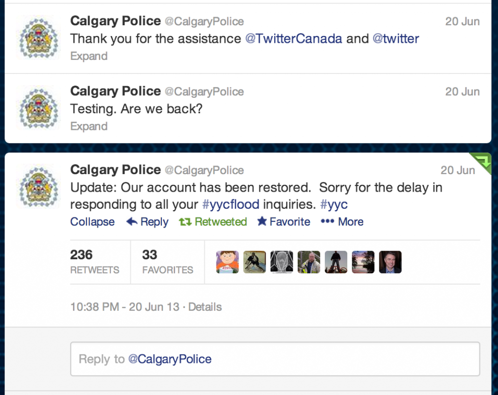 Account Re-Activated thanks from the Calgary Police (although they thanked the wrong account)