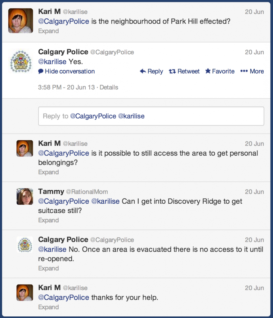 Screenshot of communication between Calgary police and residents regarding the #yycflood flood